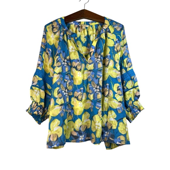 Hope & Harlow Women’s Blue Yellow Floral Boho Balloon Sleeve Blouse Size 3X - Picture 1 of 12